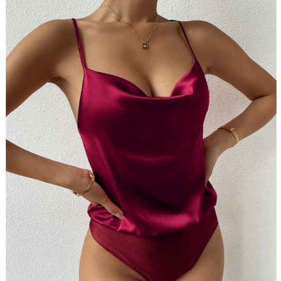 Sincerly Jules Tops - Sincerely Jules satin maroon red swing front bodysuit Sz S